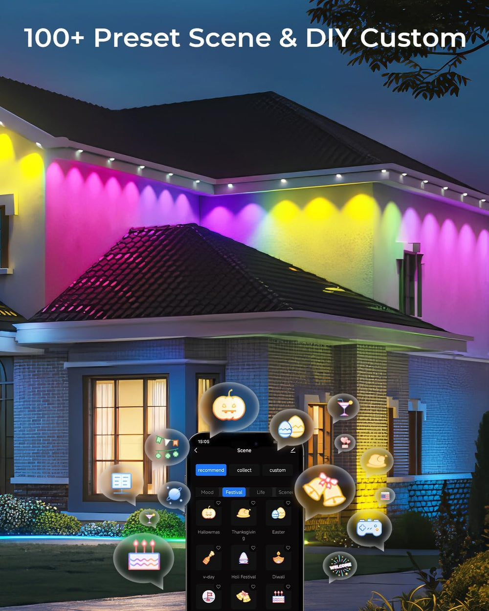 CINOTON Permanent Outdoor Lights 150ft, Smart RGBW+IC Eaves Lights with 90LED...
