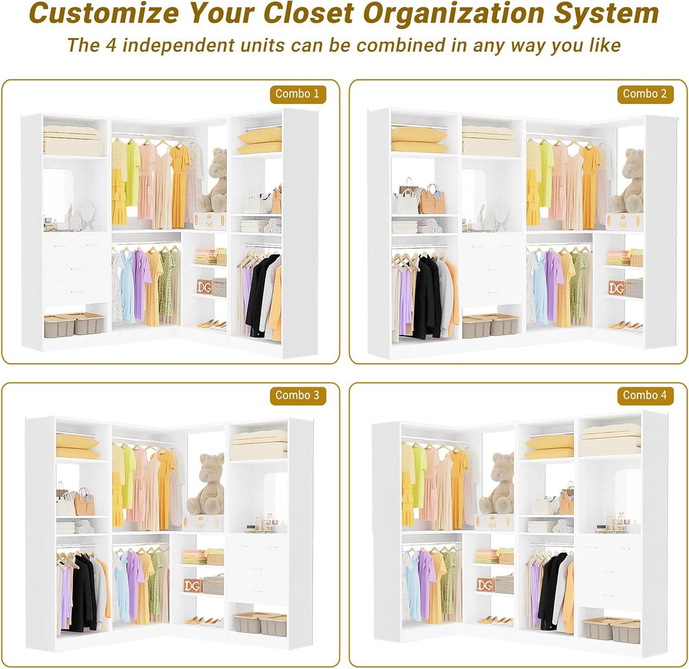 Unikito 86" Corner Closet System with 4 Drawers, 4 Hanging Rods and Mirror