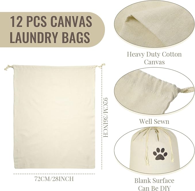 12 Pieces 28" x 36" Canvas Laundry Bags Bulk Large Cotton Laundry
