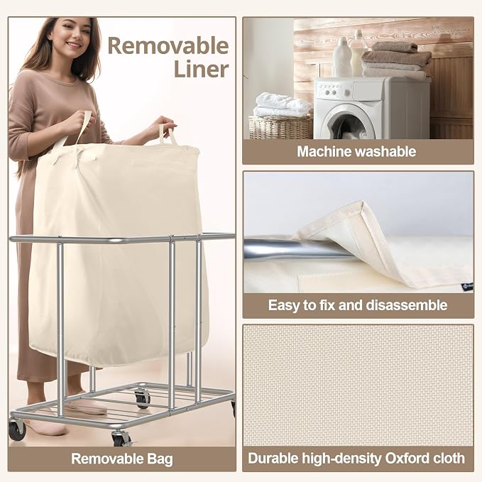 230L Rolling Laundry Hamper, 2-Section Laundry Basket