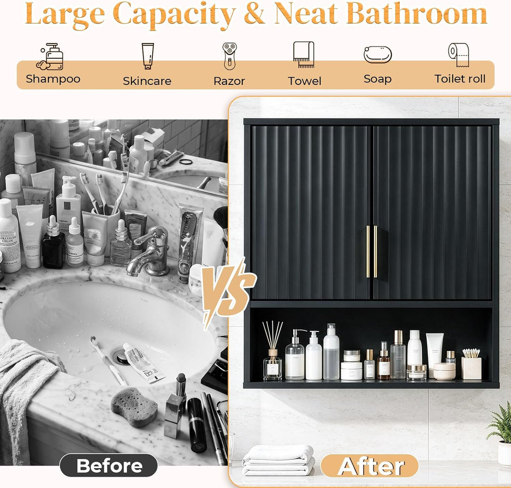 Karl home Black Wall Mounted Medicine Cabinet, Fluted Bath Storage