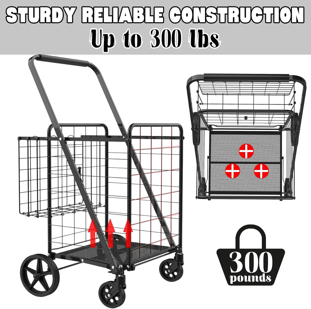 Foldable Shopping Cart with Waterproof Bag, Swivel Wheels & Double Basket