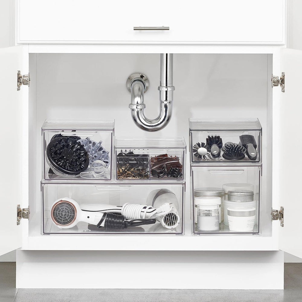 mDesign Plastic Stackable Bathroom Storage Organizer Bin Containers with Fron...