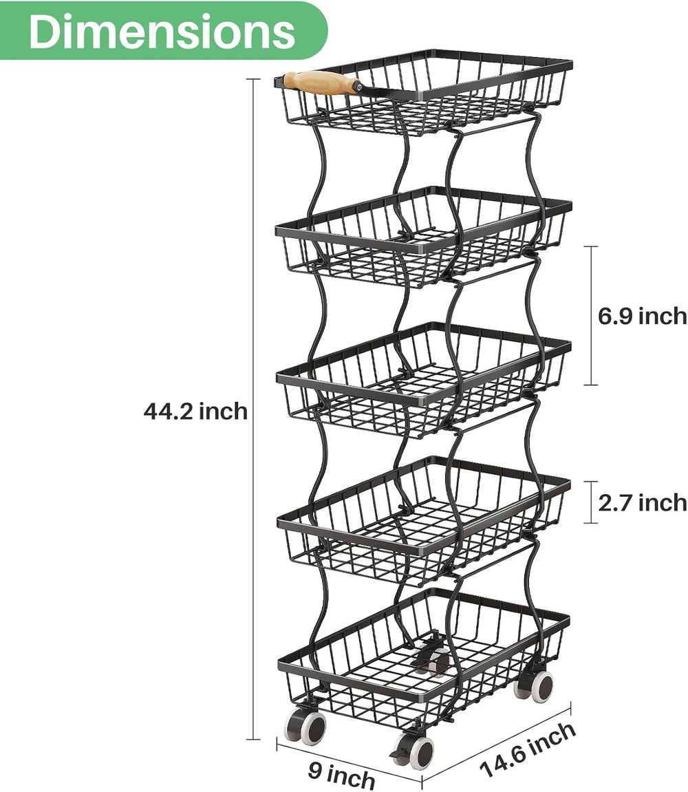 SAYZH 5-Tier Fruit Basket Stand with Vegetable Baskets for Kitchen, Black