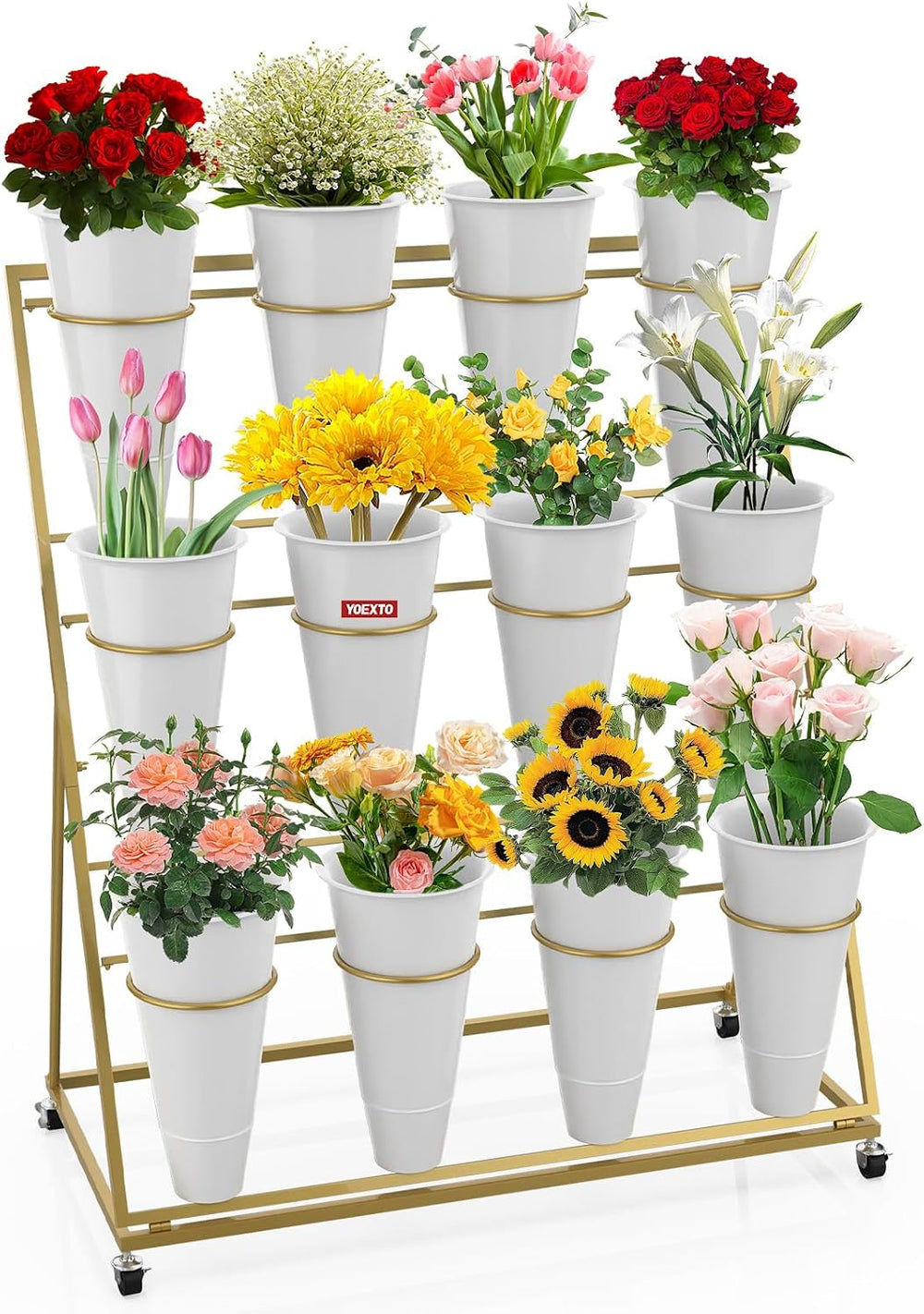 Flower Display Stand 3 Layers with 12 PCS Round Buckets, Plant Stand with Whe...