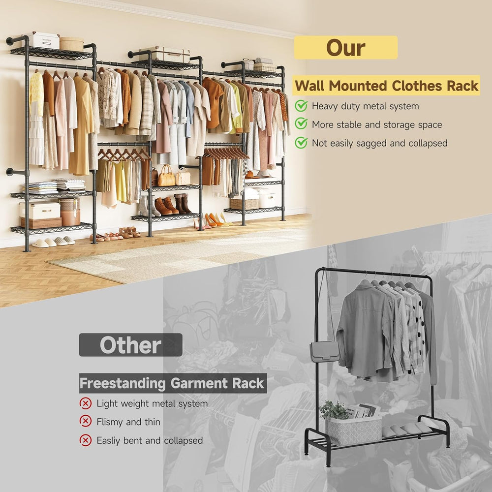 ONBRILL H5 Wall Mounted Closet System, Industrial Pipe Clothes Rack, Black