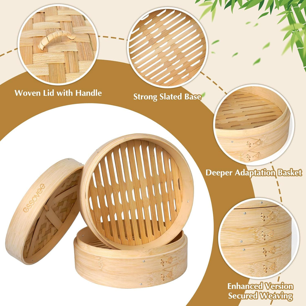 Bamboo Steamer 2 Tier 10-Inch Steaming Basket, Bun Vegetable Steam, Dumpling ...
