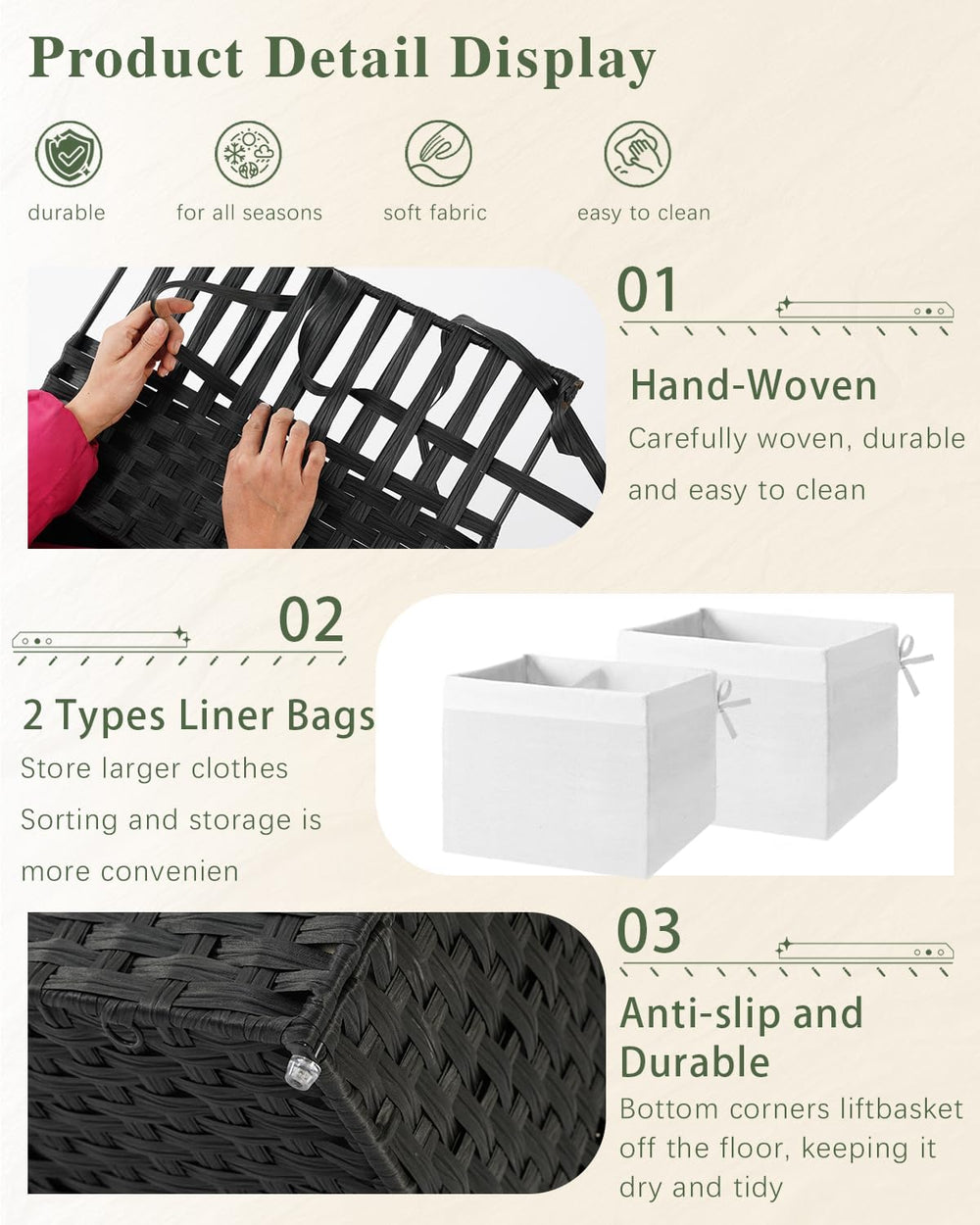 Storage Basket with Lid PE Rattan Woven Storage Bins, 65L Black