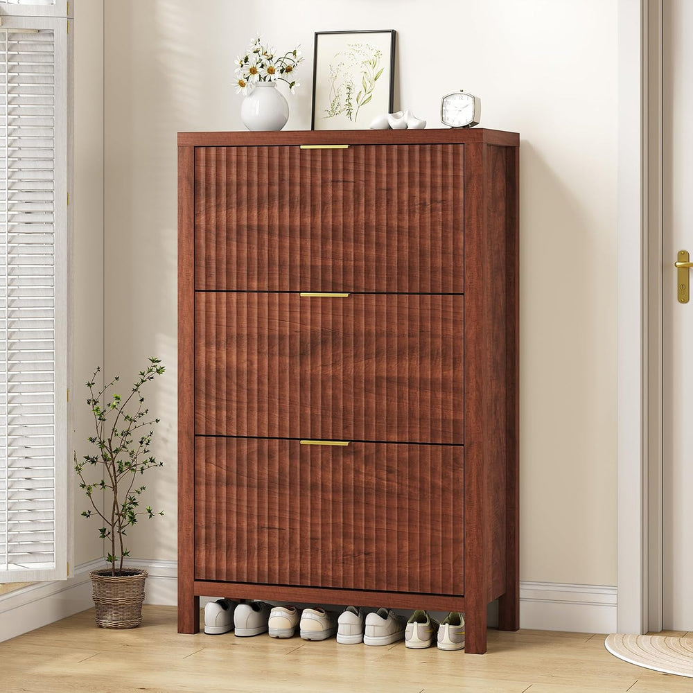 32" Fluted Shoe Cabinet Storage with 3 Flip Drawers for Entryway, Hallway