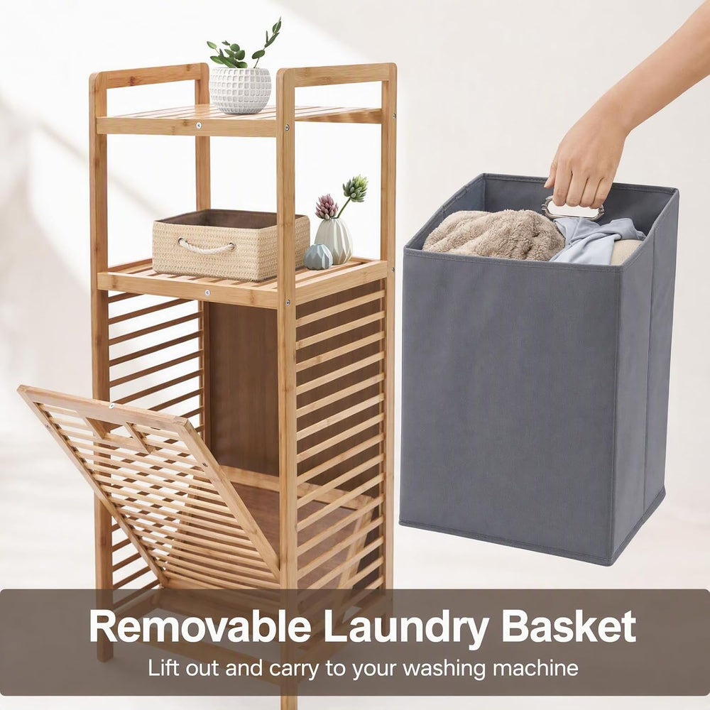 Tilt-Out Laundry Hamper Cabinet, Bamboo Laundry Basket Organizer with Removab...