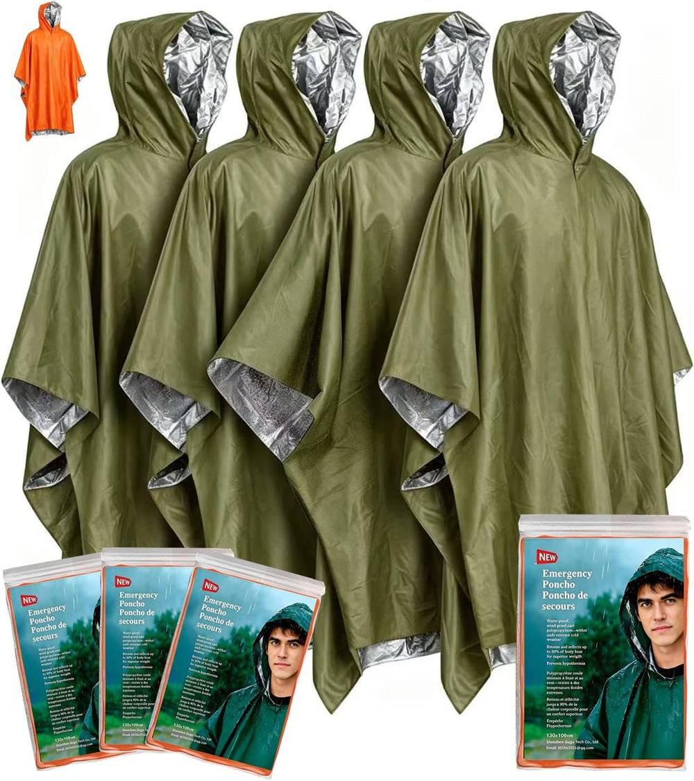 Emergency Survival Poncho (4pc) Thermal Mylar Foil Coating Blanket for Heat R...