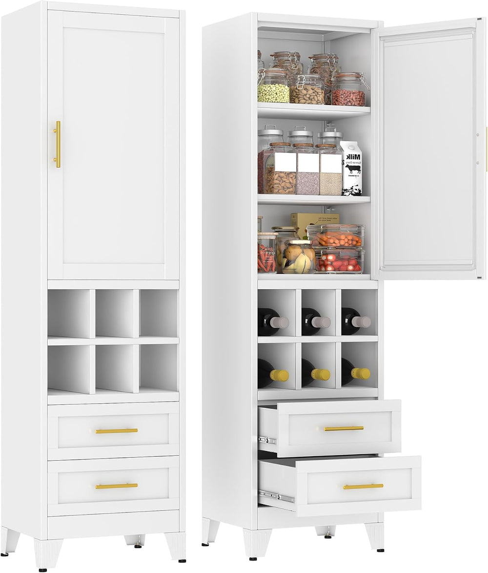 67" Tall Metal Pantry Cabinet, Narrow Freestanding Storage Cabinet, White