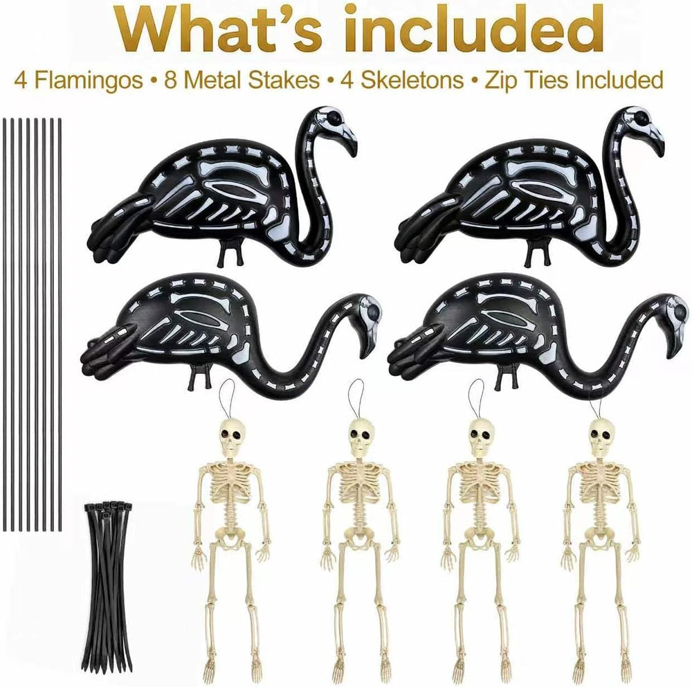 4-Pack Halloween Black Flamingo Skeleton with 4-Pack 16" Posable Skeletons