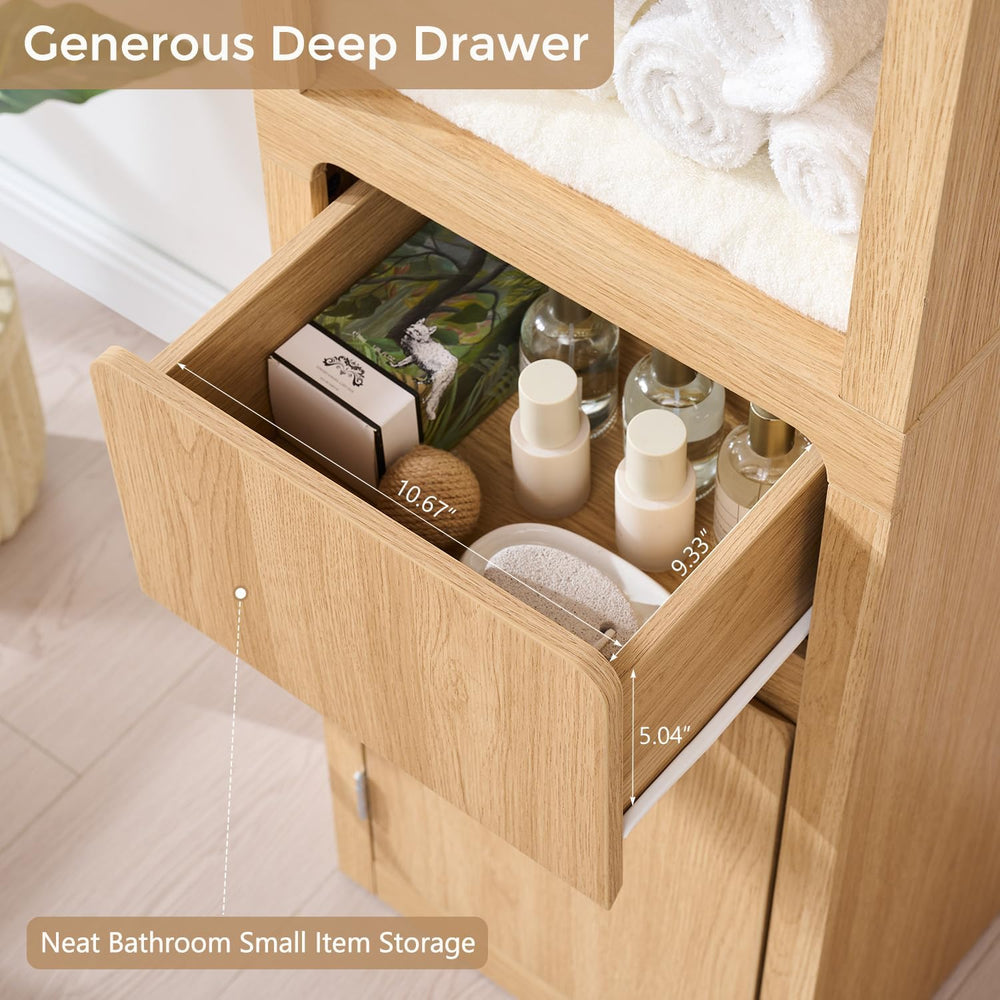 67" Tall Narrow Bathroom Storage Cabinet w/Door & Drawers, Natural