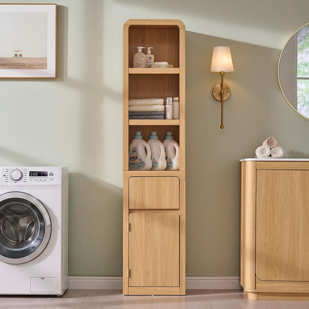 67" Tall Narrow Bathroom Storage Cabinet w/Door & Drawers, Natural