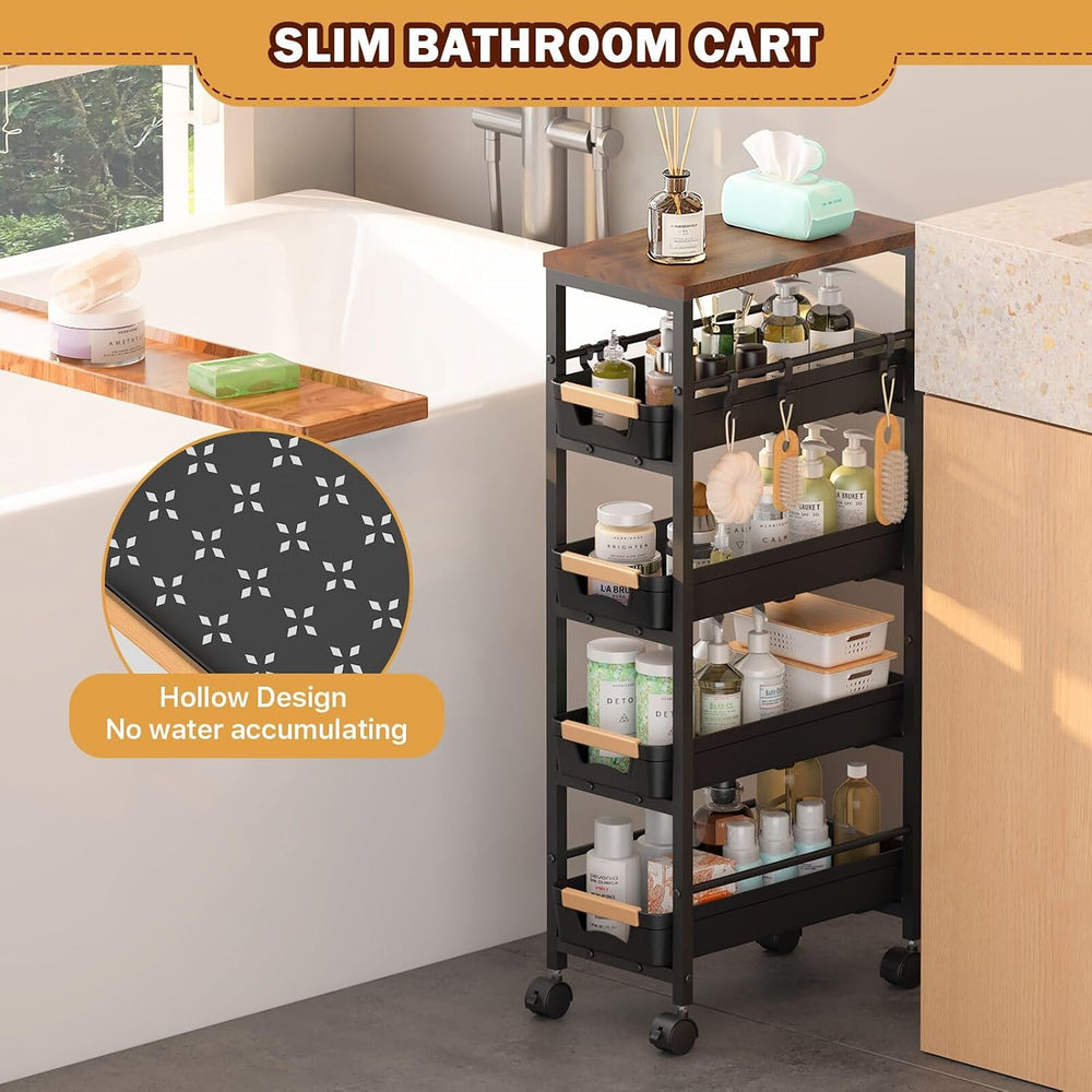 SUNALLY Slim Storage Cart with Wheels, Narrow Kitchen Rolling Cart, Black