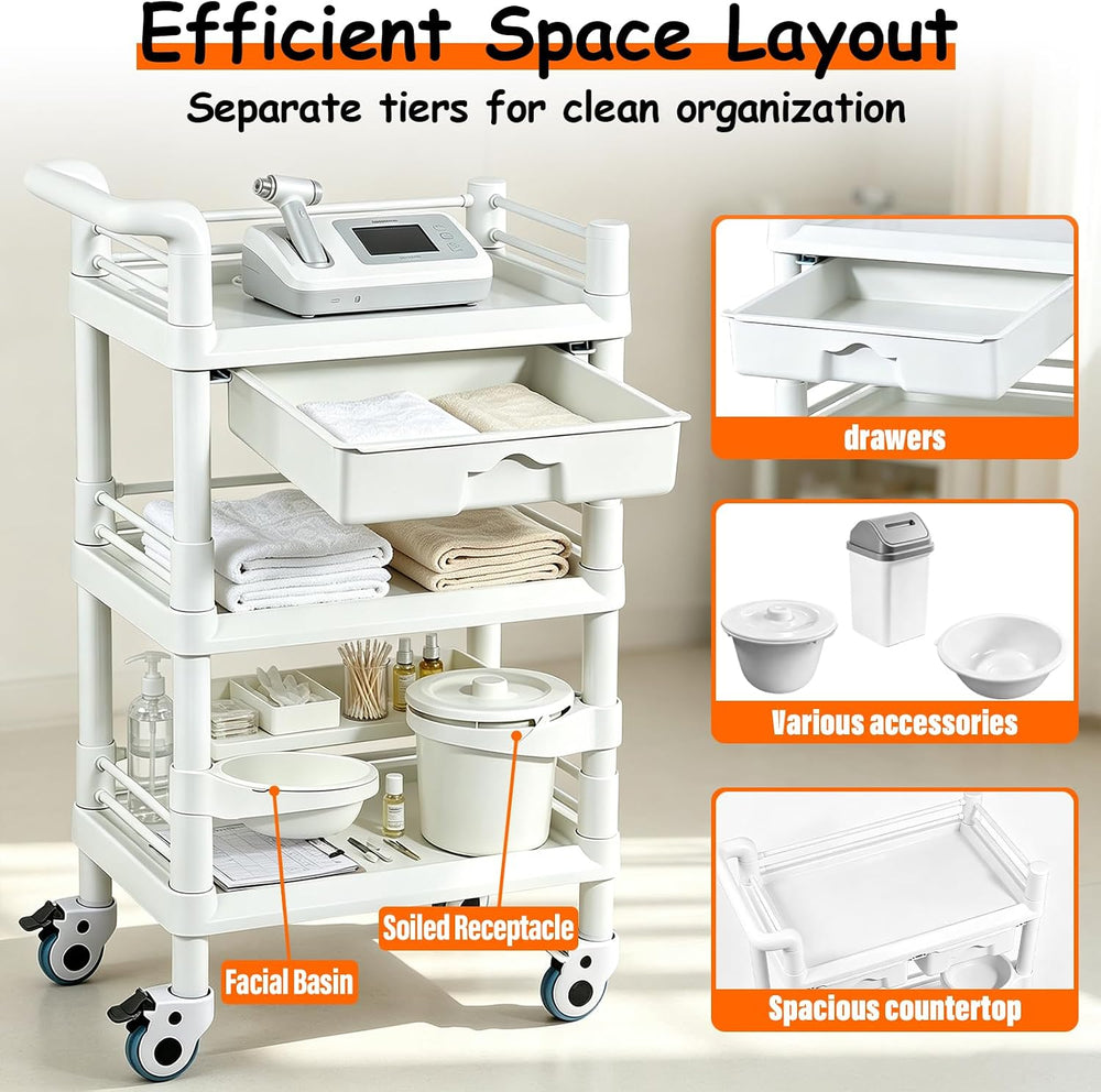 3-Tier Medical Mobile Trolley Cart, Rolling Esthetician Utility Cart