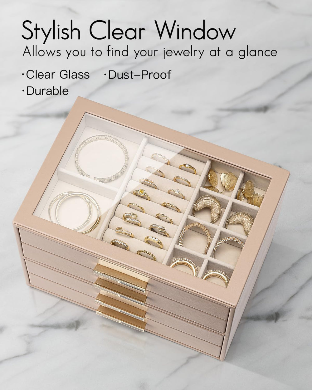 VLANDO Jewelry Box Organizer, 7-Layer Storage Drawers, Glass Window, Modern