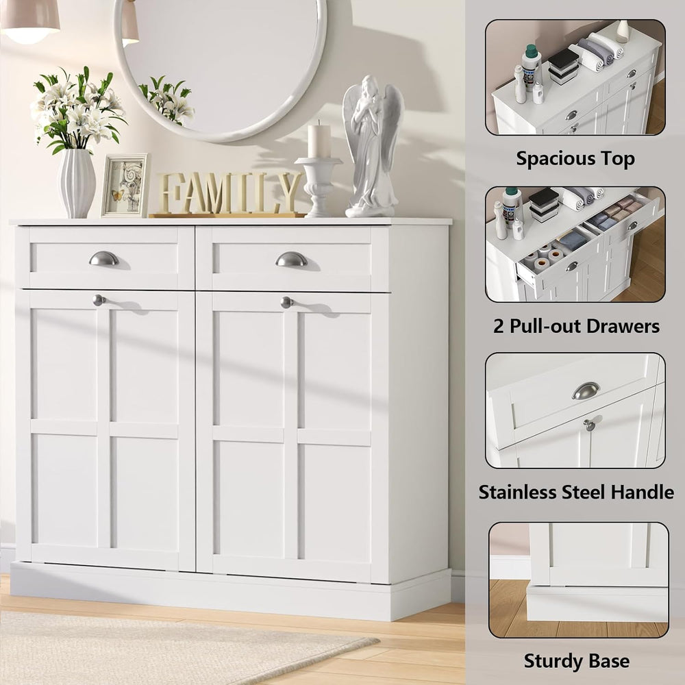 Double Tilt Out Laundry Hamper Cabinet, Hidden Laundry Cabinet w/2 Drawers