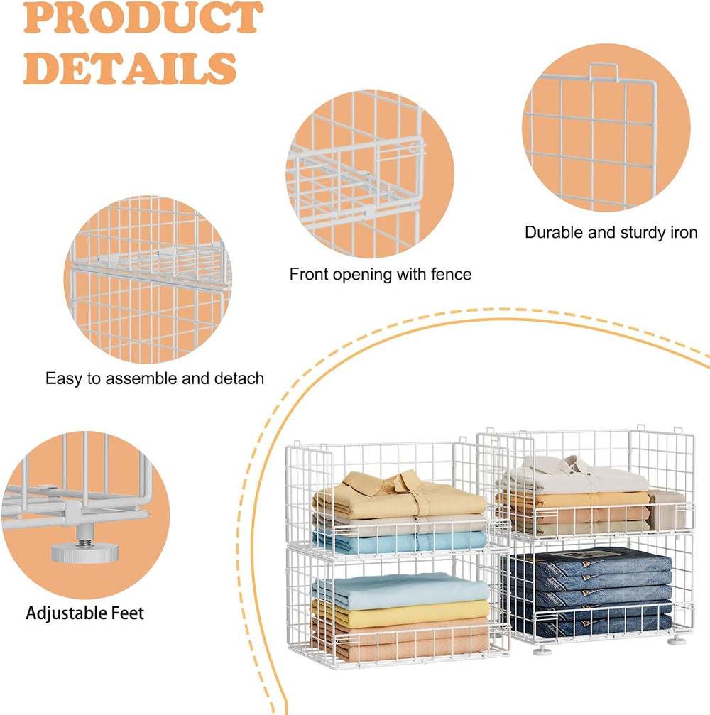 4-Tier Stackable Closet Organizers with Adjustable Feet, Foldable Closet Shel...