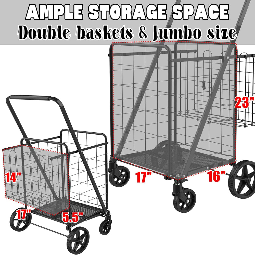 Foldable Shopping Cart with Waterproof Bag, Swivel Wheels & Double Basket