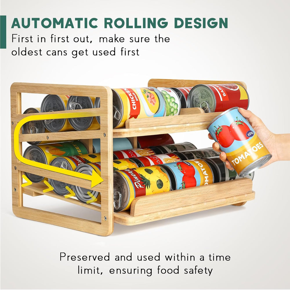 Yumkfoi Rolling Bamboo Can Organizer Rack, Stackable Can Storage