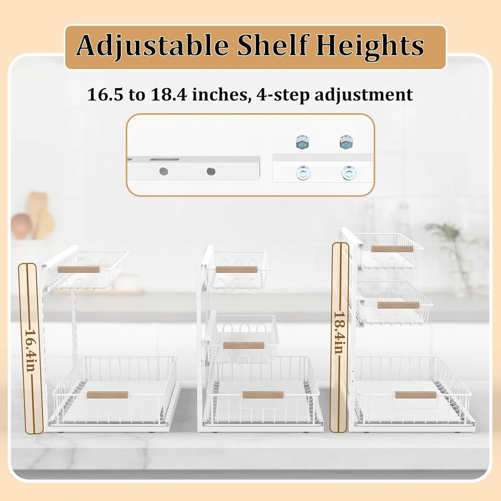 3 Tier Under Sink Organizer, Adjustable Pull Out Metal Storage Drawer