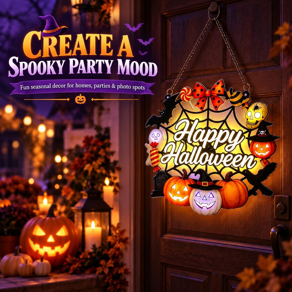Happy Halloween Acrylic Hanging Sign for Front Door (Pumpkin Spider Light)