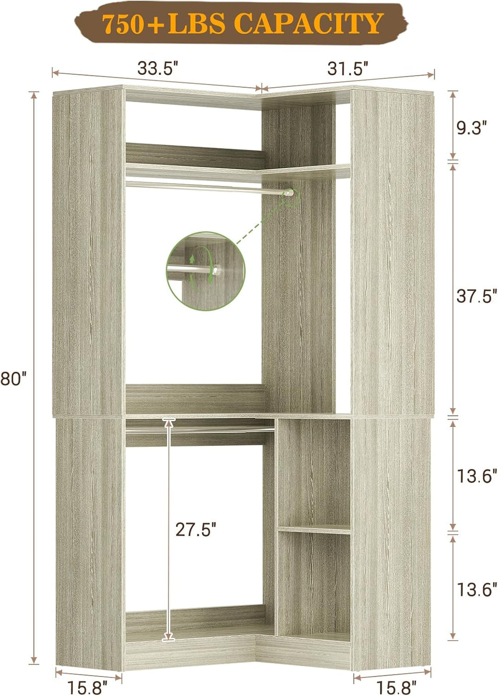 Aheaplus Corner Closet System with Shelves, L Shaped Closets, White Oak