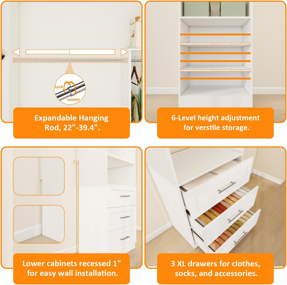 Closet System of 2 Sets with 3 Drawers, 4FT-10FT Closet Organizer System with...