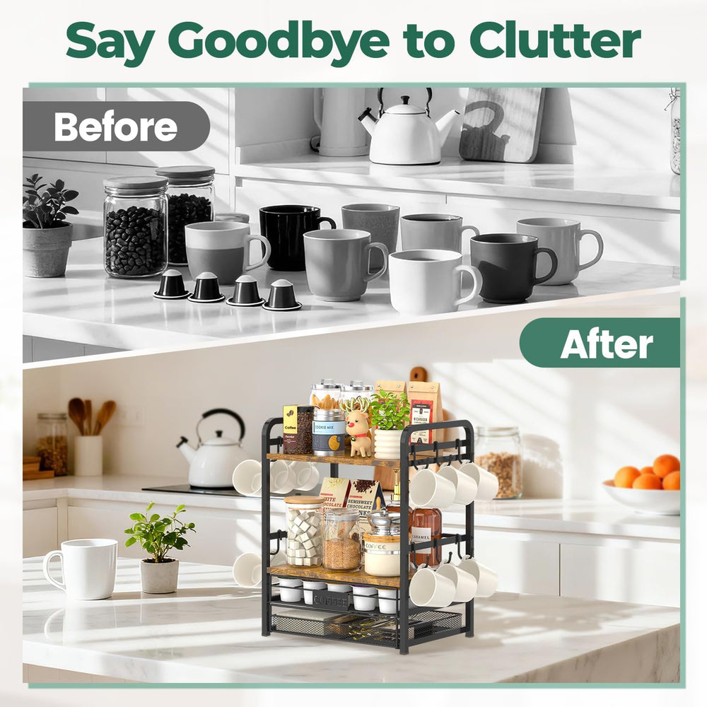 Coffee Bar Organizer Station Shelf Mug Holder for Countertop