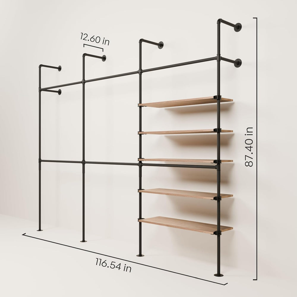 pamo Wall Mounted Clothing Rack with Oak Sheves – 117" W × 87" H, 1...