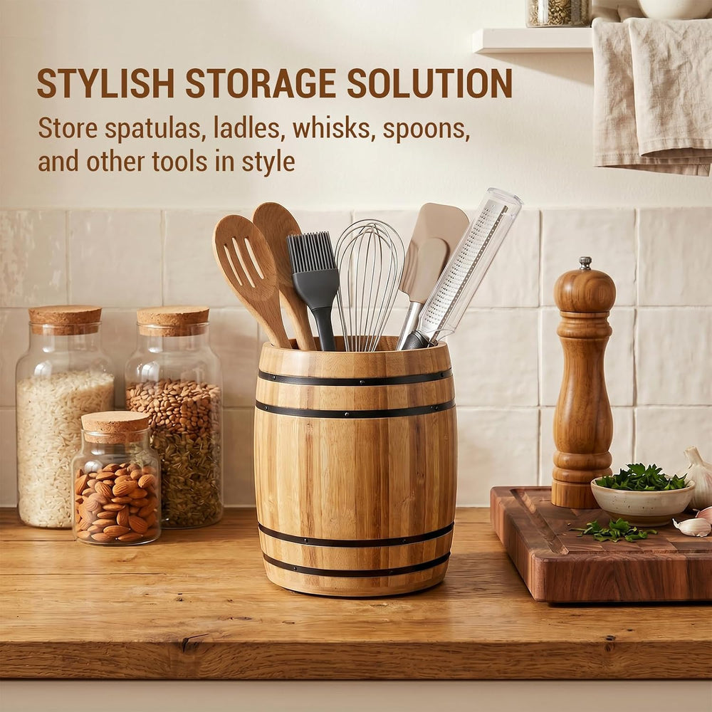 MyGift Wine Barrel Design Kitchen Utensil Crock, Light Brown Solid Bamboo Woo...