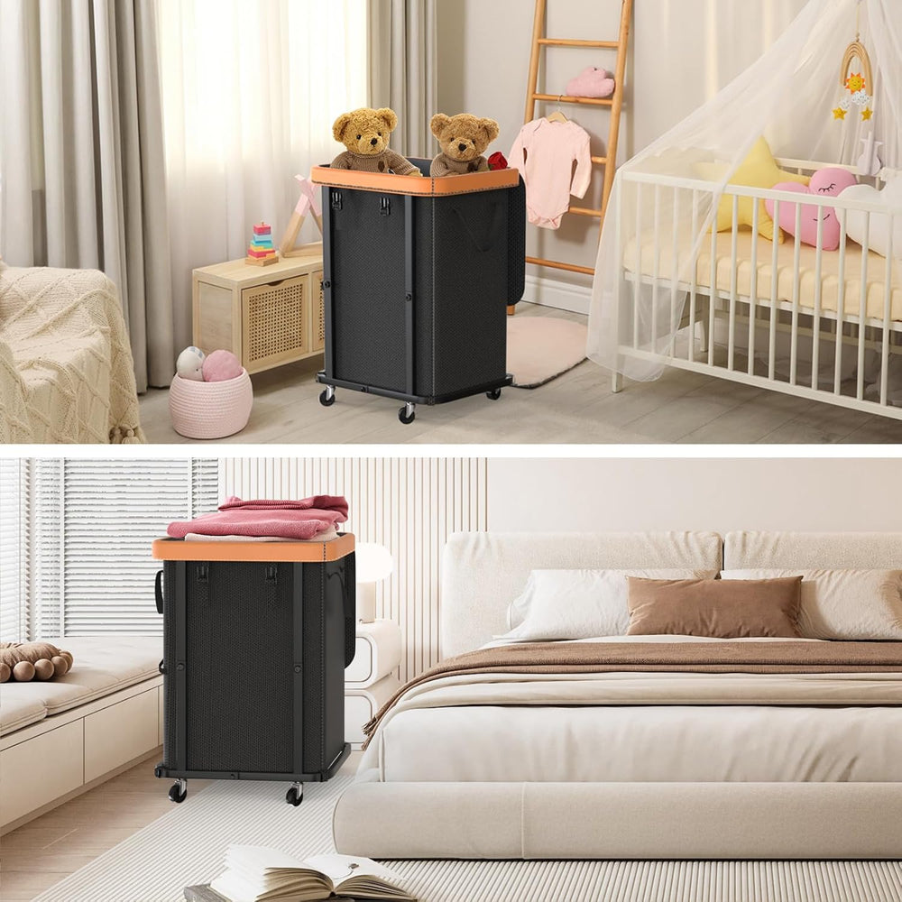 Laundry Hamper with Wheels,150L Leather Patchwork Clothes Hamper Black