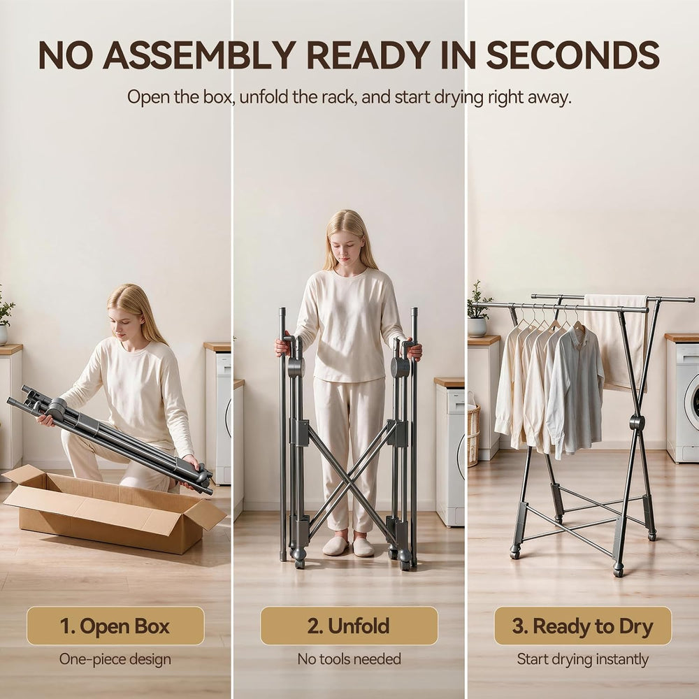 SUJI Clothes Drying Rack, Dual Rod with Wheels, Grey Foldable