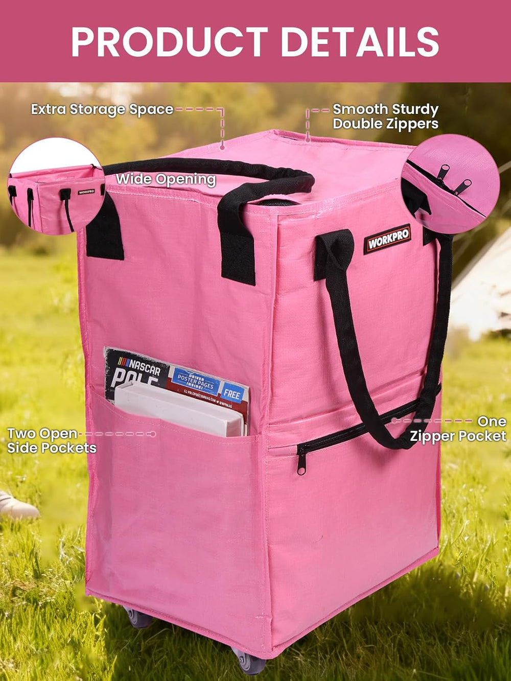 WORKPRO Medium Rolling Grocery Bag, 18-Gallon Rolling Tote with 4 Wheels
