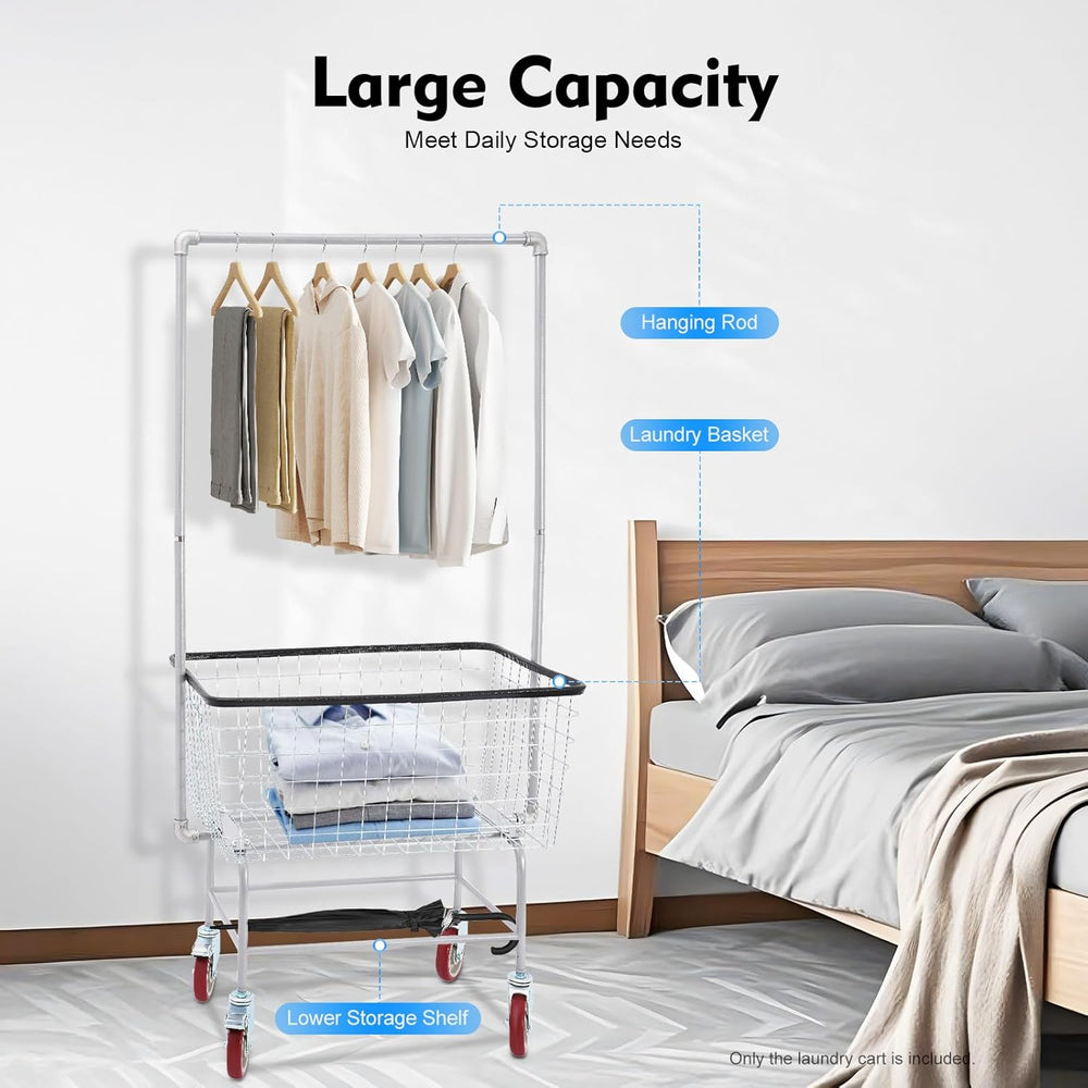 110LBS Commercial Steel Wire Laundry Cart Trolley w/Hanging Rack, 4 Universal...