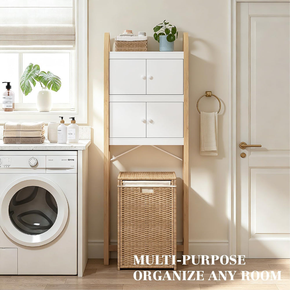 UTEX Over the Toilet Storage Cabinet with Doors, Arched Bamboo Frame, White