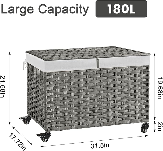 Rolling Storage Basket with Lid, 47.6 Gallon Storage Bin with Wheels, Woven