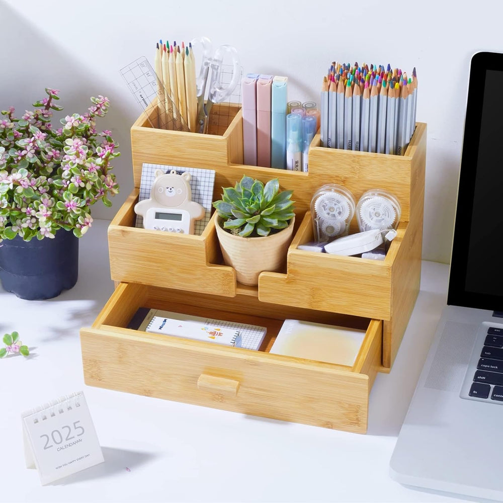 Bamboo Desk Organizer - Countertop Drawers Organizer Tabletop Storage Organiz...
