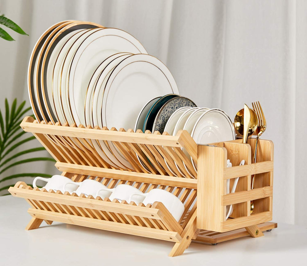 NOVAYEAH Bamboo Wooden Dish Rack, Wooden Dish Drying Drainer Rack