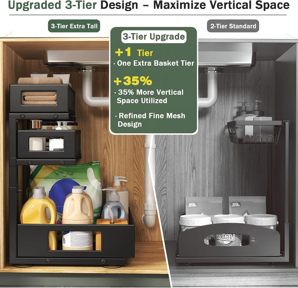 3-Tier Pull Out Under Sink Organizer,2-Pack Heavy Duty Metal Cabinet Organize...