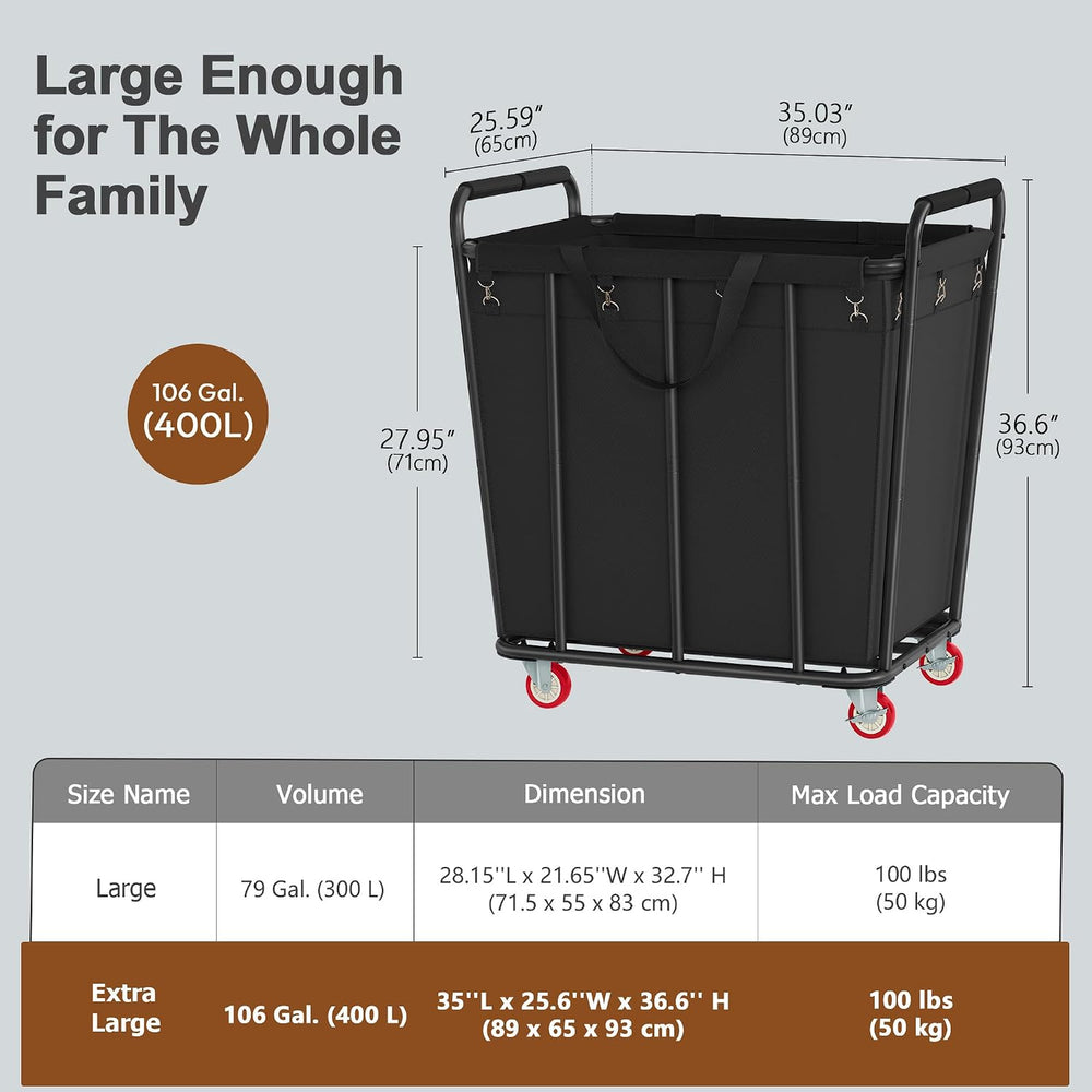 Hoctieon Large Laundry Cart with Wheels, 400L Heavy Duty Laundry Basket Organ...