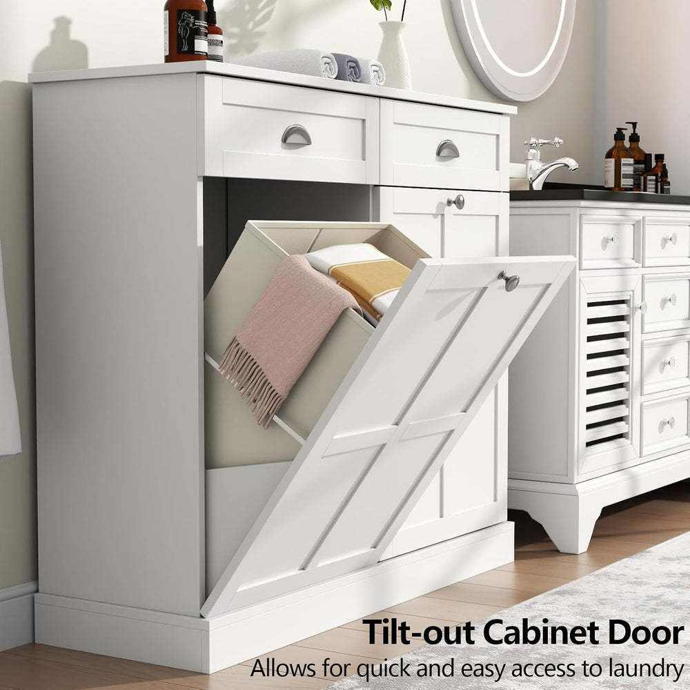 Double Tilt Out Laundry Hamper Cabinet, Hidden Laundry Cabinet w/2 Drawers