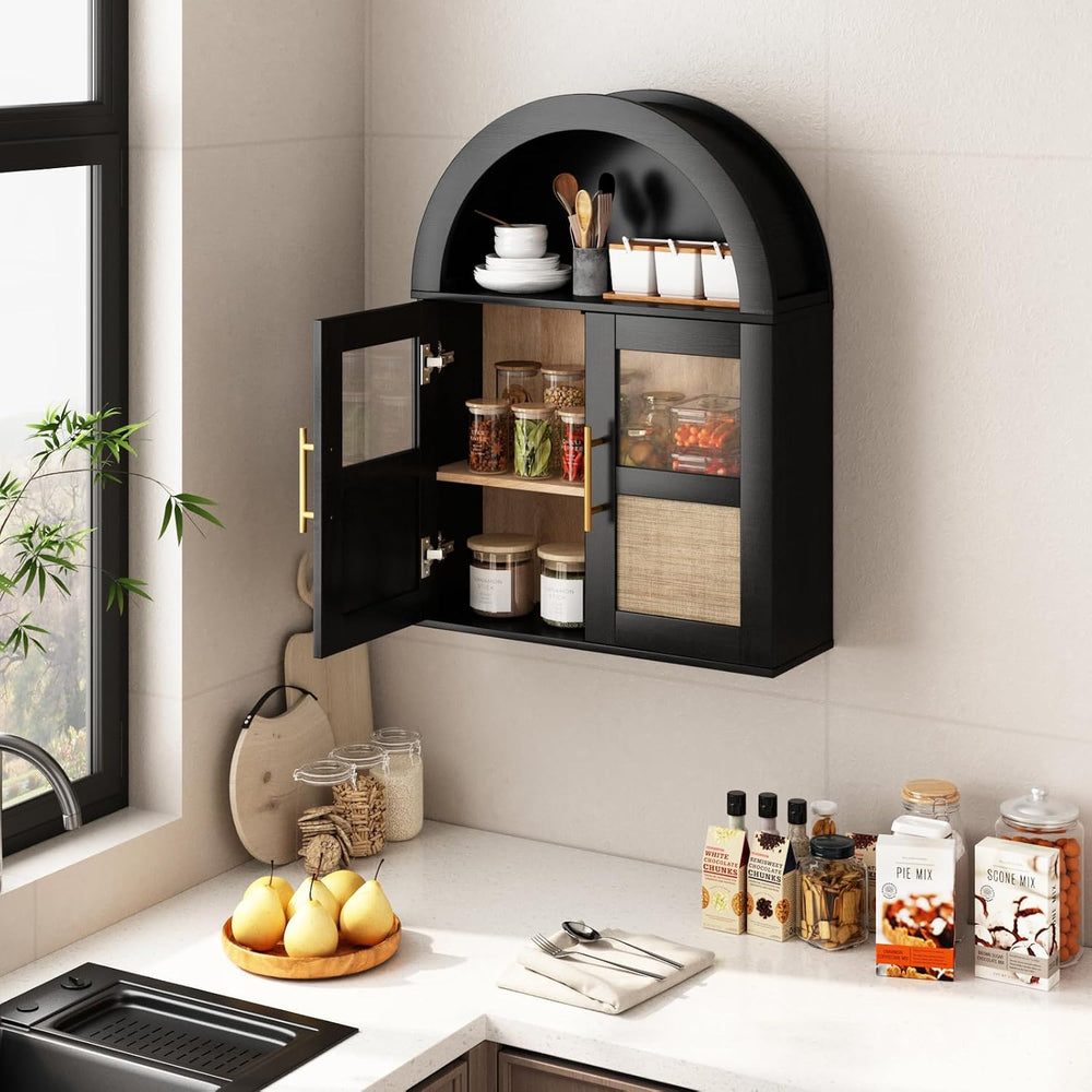 RUSTOWN Arched Bathroom Wall Cabinet with 2 Glass & Rattan Doors