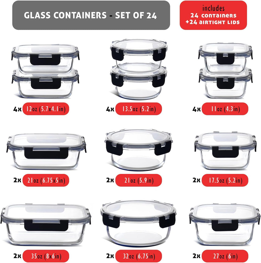 EATEX 48pc Glass Storage Containers with Lids, 24 Set Glass Food Storage Cont...