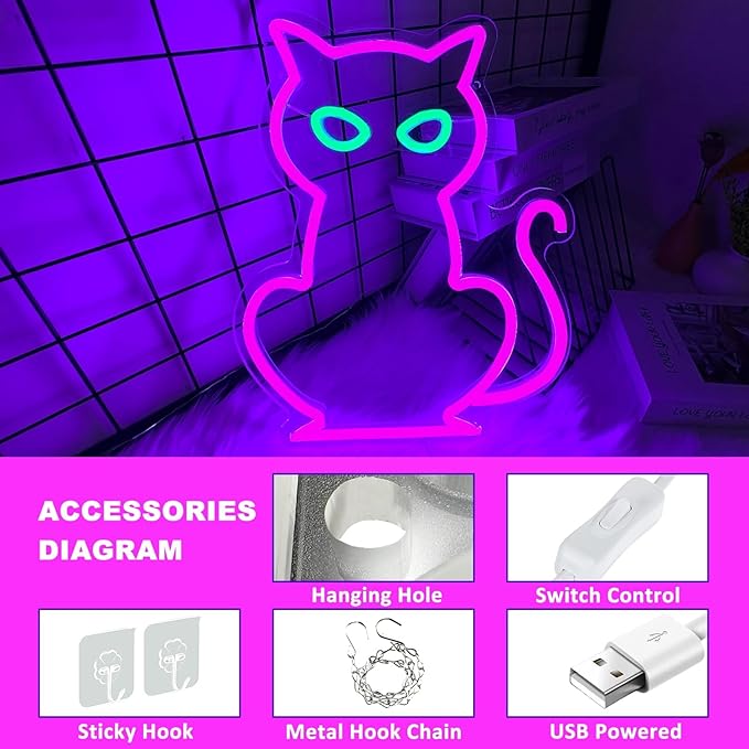 Cat Neon Signs for Wall Decor, Purple Cat LED Neon Sign USB Powered, Hallowee...