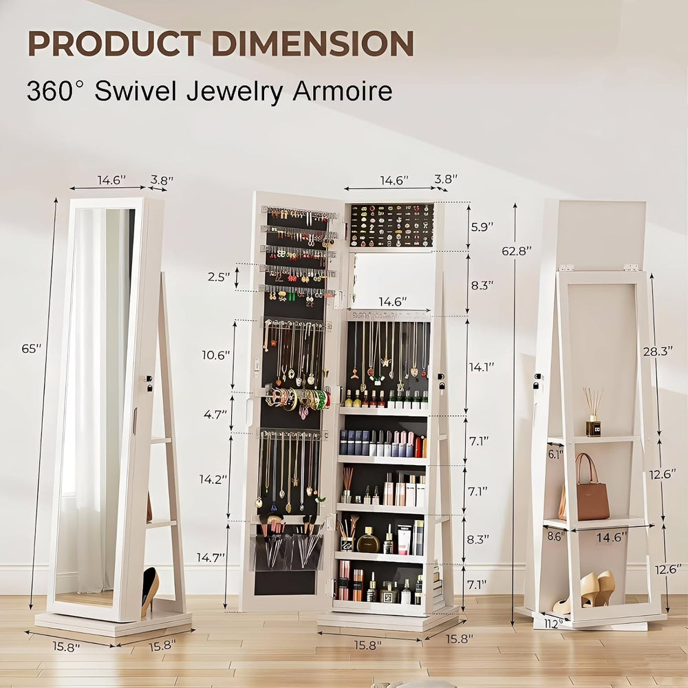 360ยฐ Swivel Jewelry Armoire with Full-Length Mirror, Lockable Standing Jewelr...