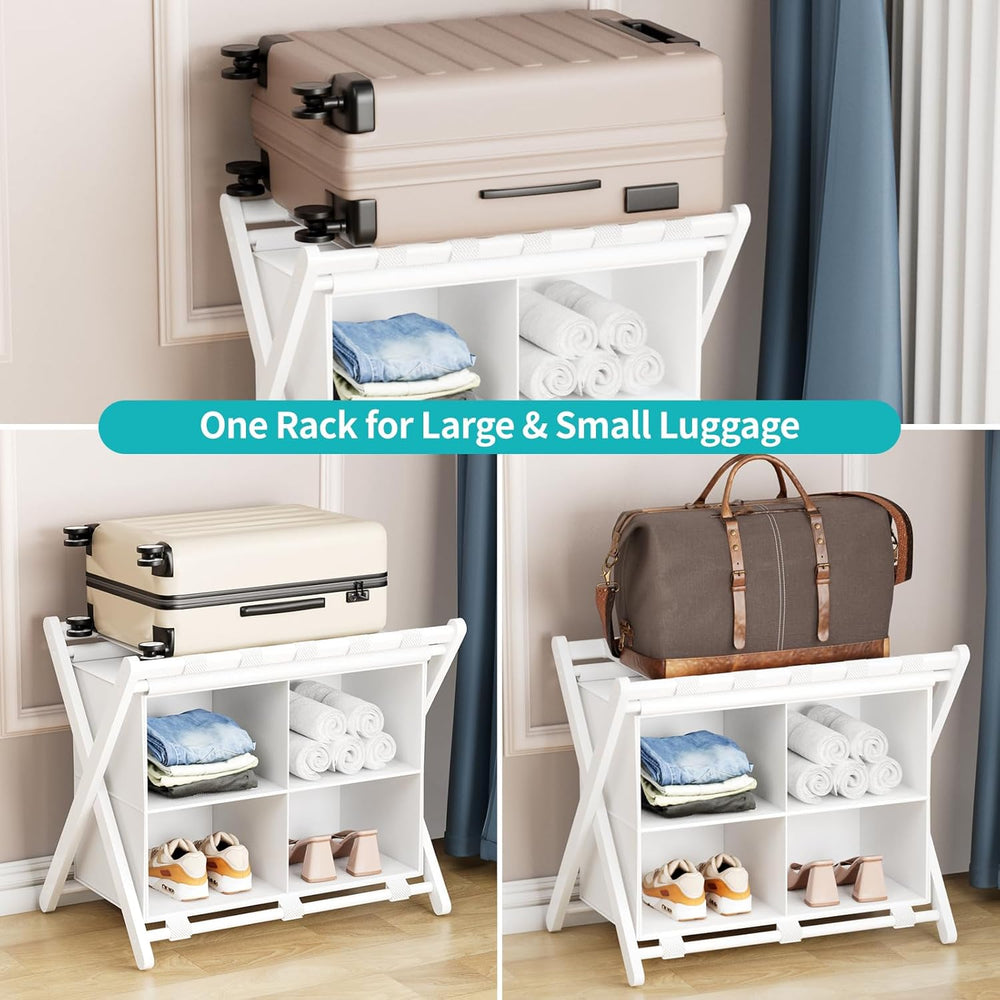White Bamboo Luggage Rack with 4 Storage Compartments, Foldable Suitcase Stan...