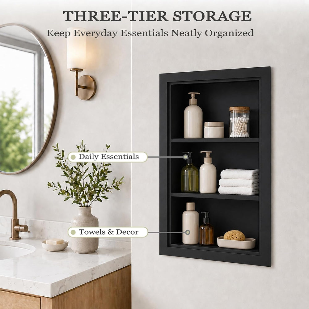 14" x 24" Recessed Medicine Cabinet with 3-Tiers Shelves, Solid Woo...